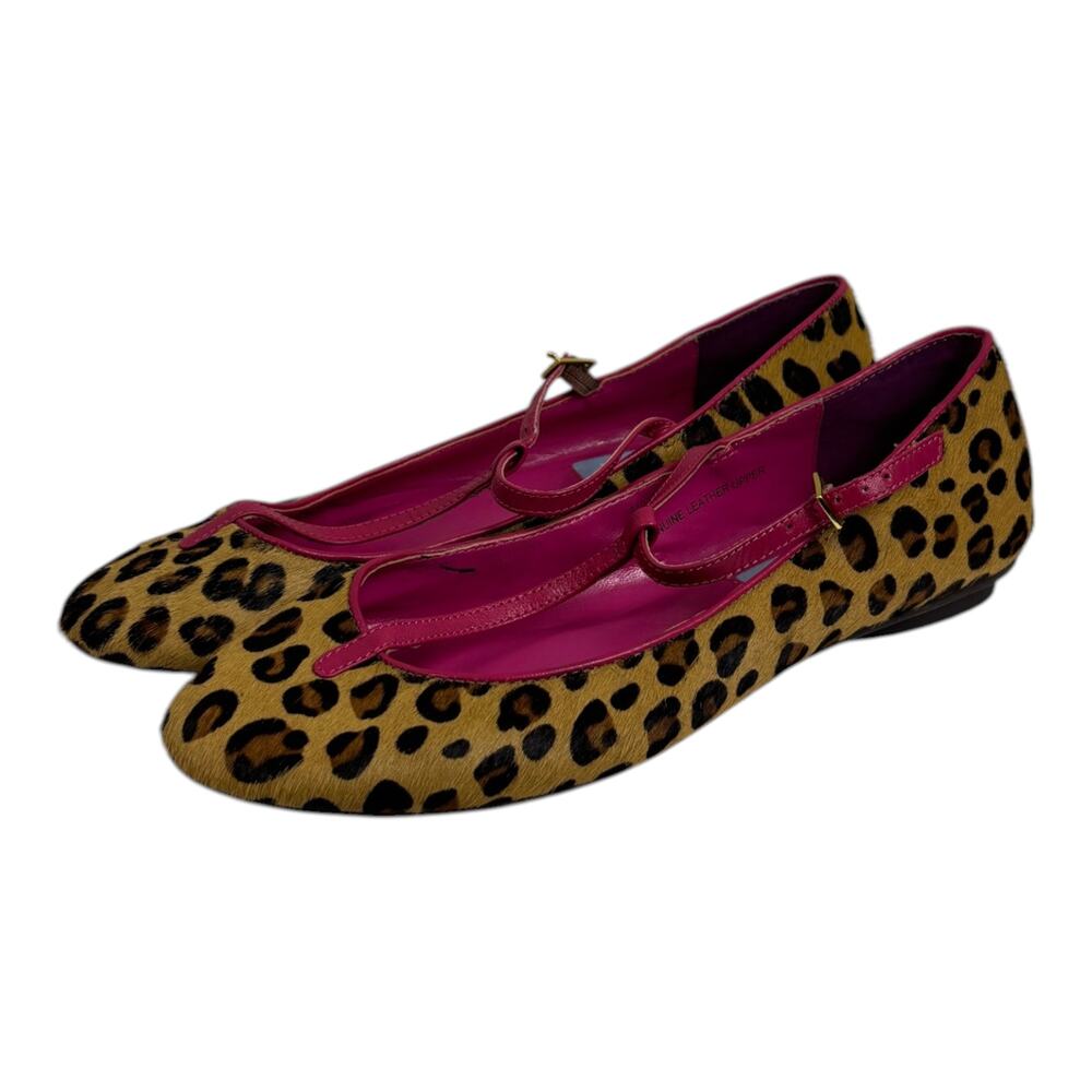 David Dixon leopard print haircalf flats with pink trim, mary jane strap, gold b